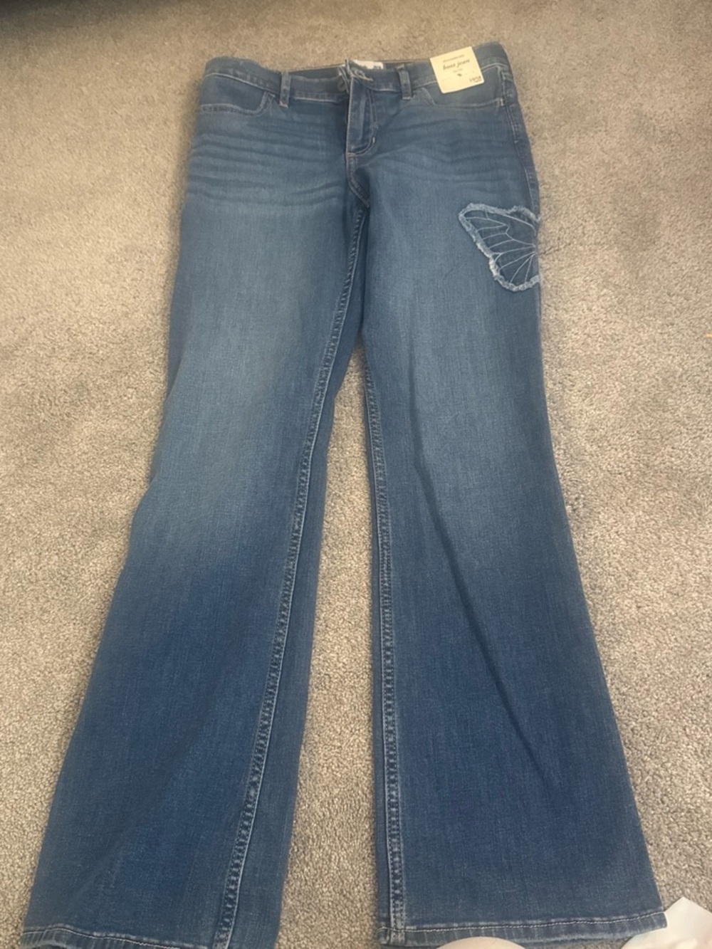 abercrombie kids blue flared jeans with butterfly applique